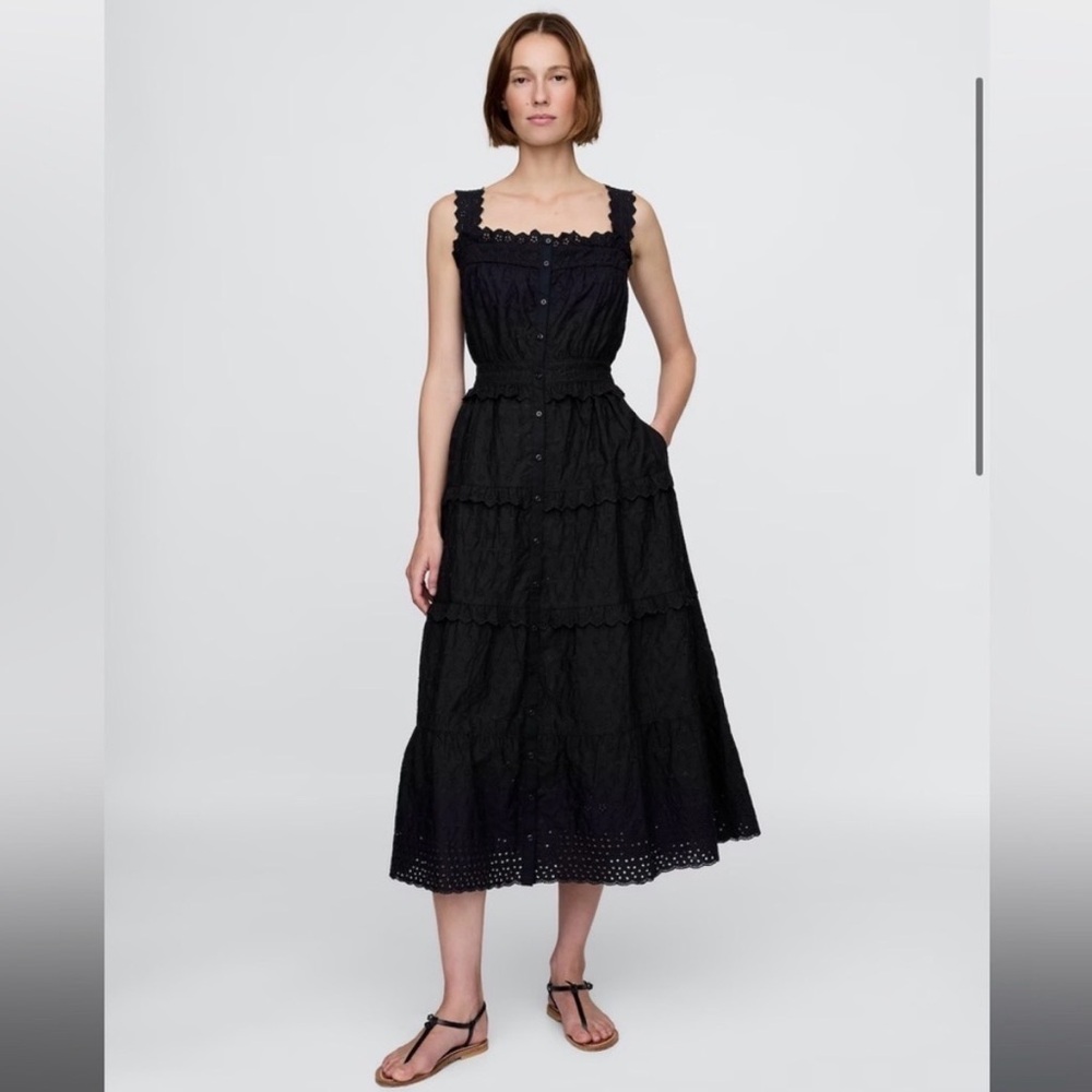 Black Eyelet Tiered Midi Dress - Women